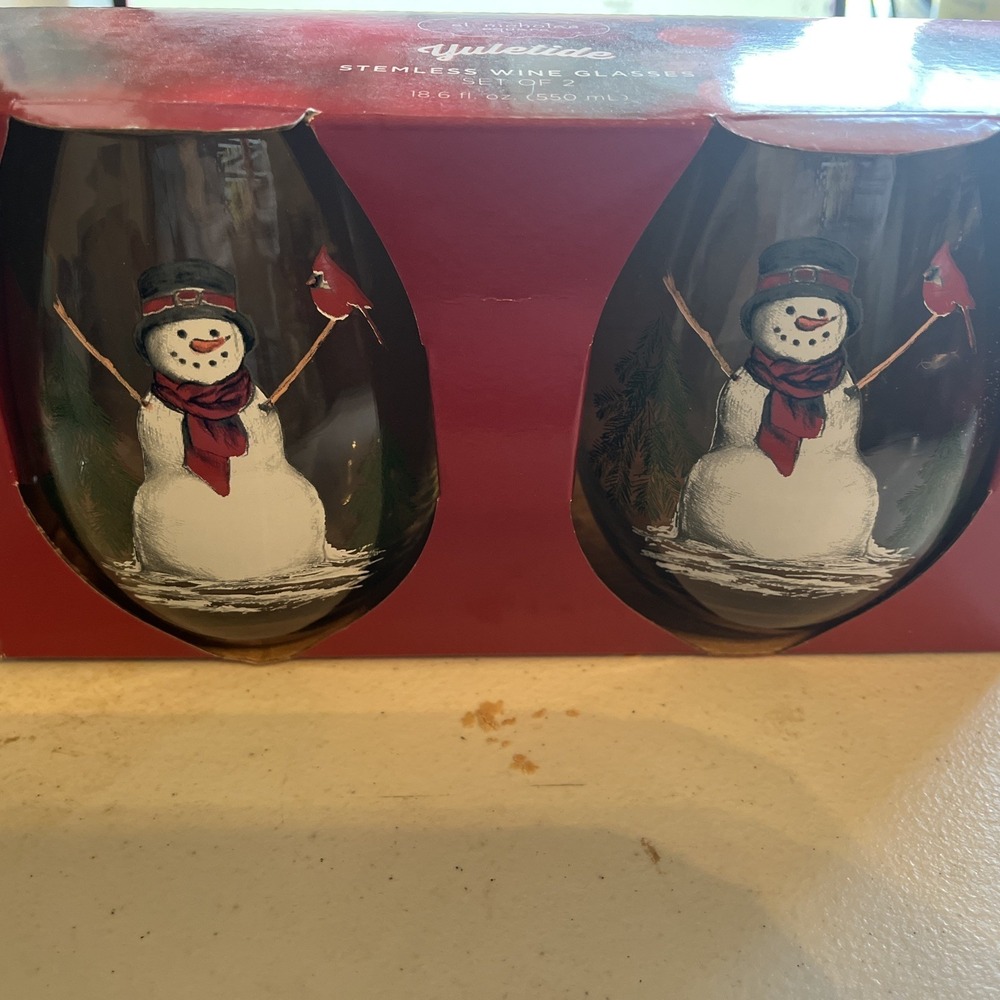 NIB Kohl's St Nicholas Square Stemless Wine Glasses Snowman Warm Wishes